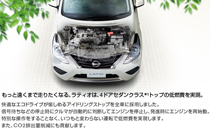 もっと遠くまで走りたくなる。ラティオは、4ドアセダンクラス＊1トップの低燃費を実現。